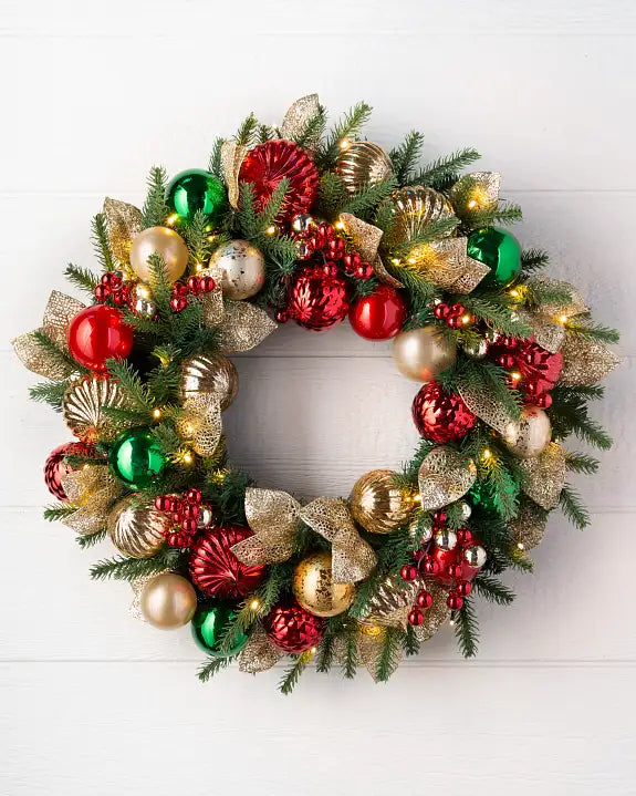Grinalda de Natal 90 cm com LED, Bolas Decorativas e Folhas Douradas