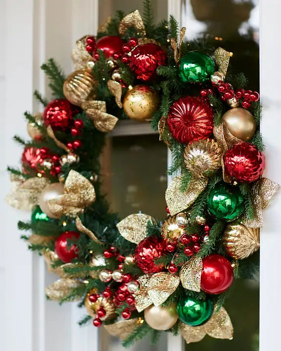Grinalda de Natal 90 cm com LED, Bolas Decorativas e Folhas Douradas — 3