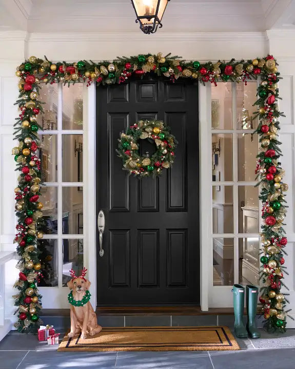 Grinalda de Natal 90 cm com LED, Bolas Decorativas e Folhas Douradas — 4