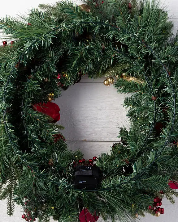 Grinalda de Natal 90 cm com LED, Magnólias Vermelhas e Folhagens Douradas — 3