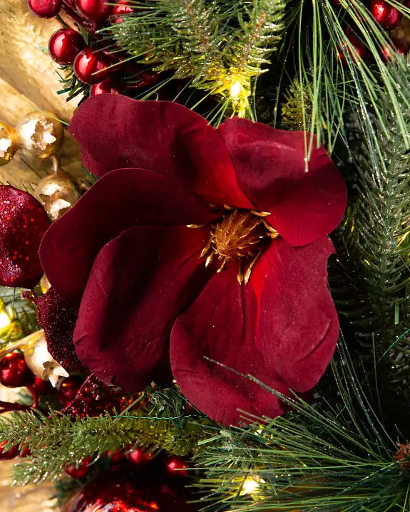 Grinalda de Natal 90 cm com LED, Magnólias Vermelhas e Folhagens Douradas — 4