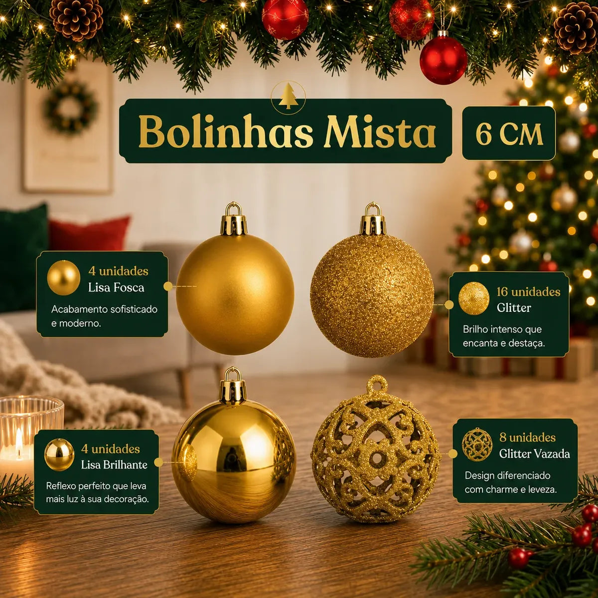Kit 100 Bolas de Natal Douradas 3 cm, 4 cm e 6 cm + Ponteira Estrela + Maleta Organizadora — 3
