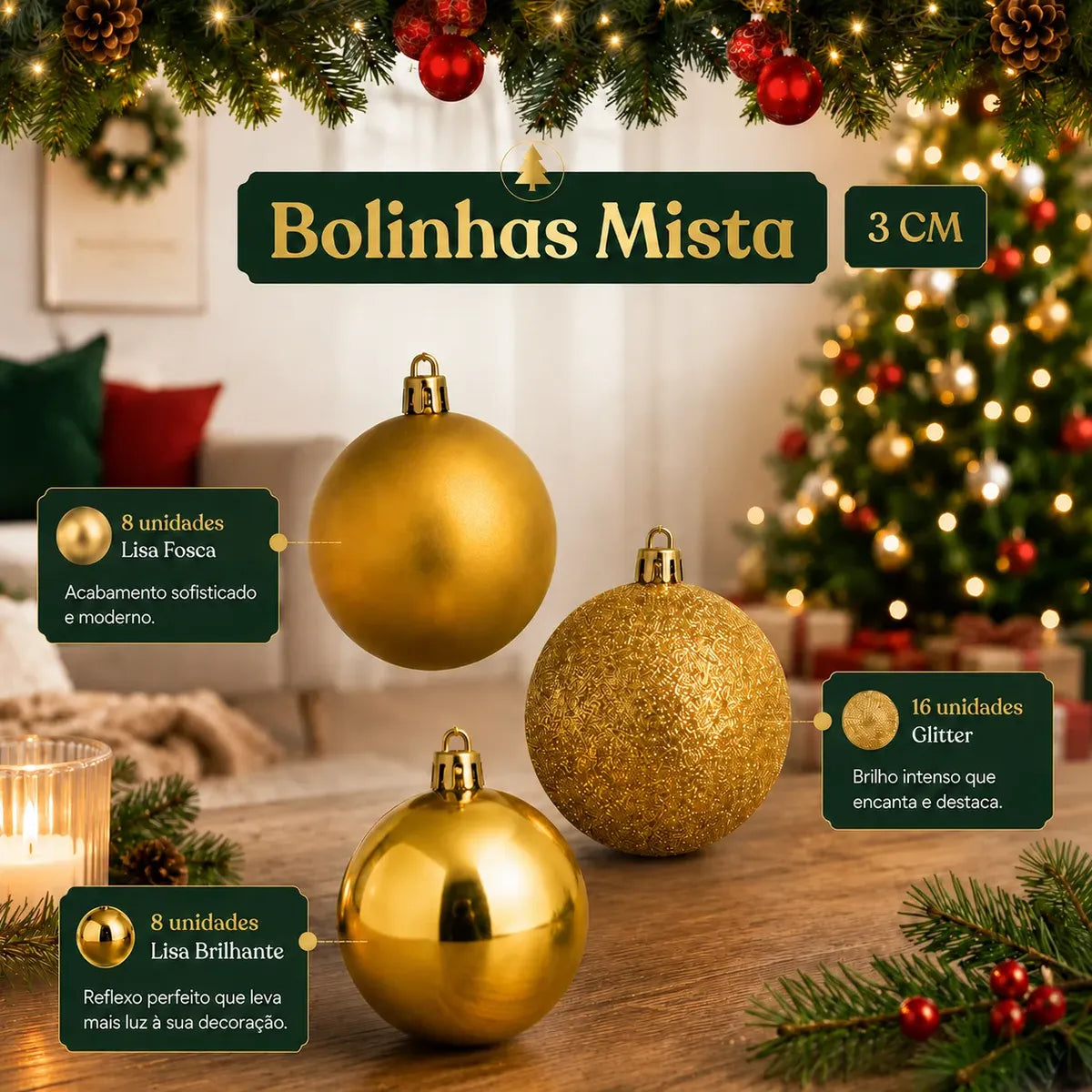 Kit 100 Bolas de Natal Douradas 3 cm, 4 cm e 6 cm + Ponteira Estrela + Maleta Organizadora — 5