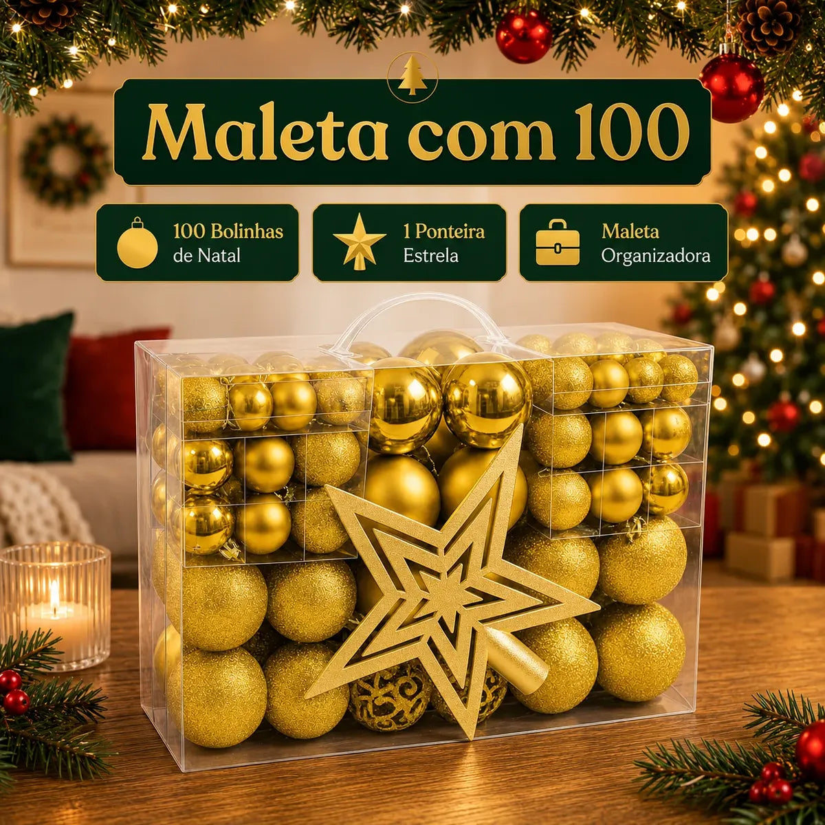 Kit 100 Bolas de Natal Douradas 3 cm, 4 cm e 6 cm + Ponteira Estrela + Maleta Organizadora — 6