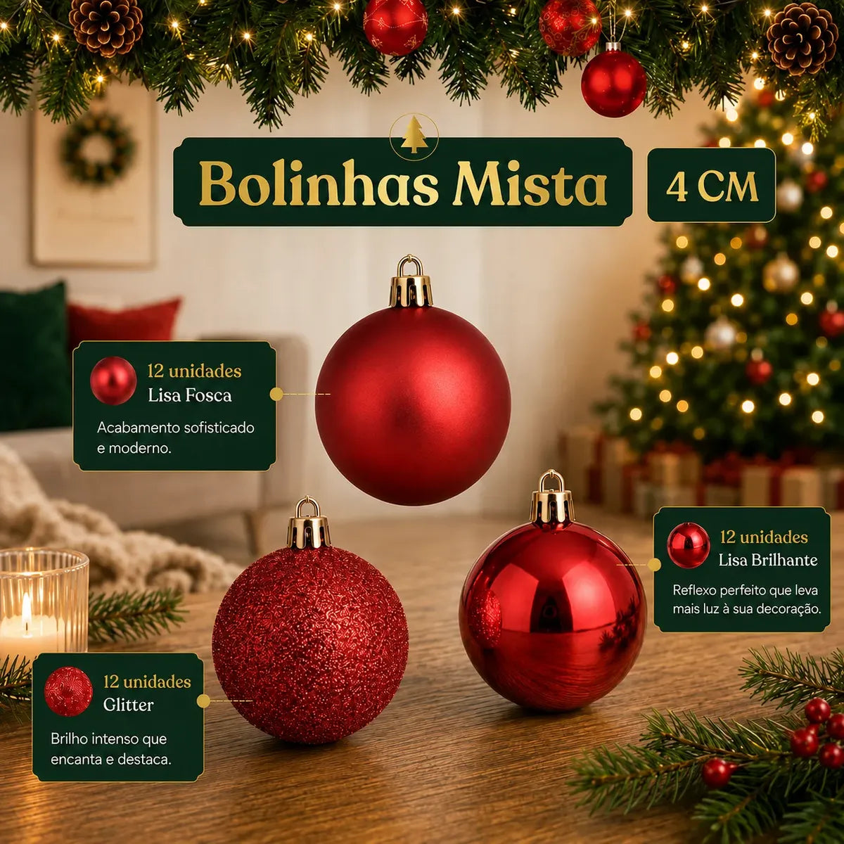 Kit 100 Bolas de Natal Vermelhas 3 cm, 4 cm e 6 cm + Ponteira Estrela + Maleta Organizadora — 4