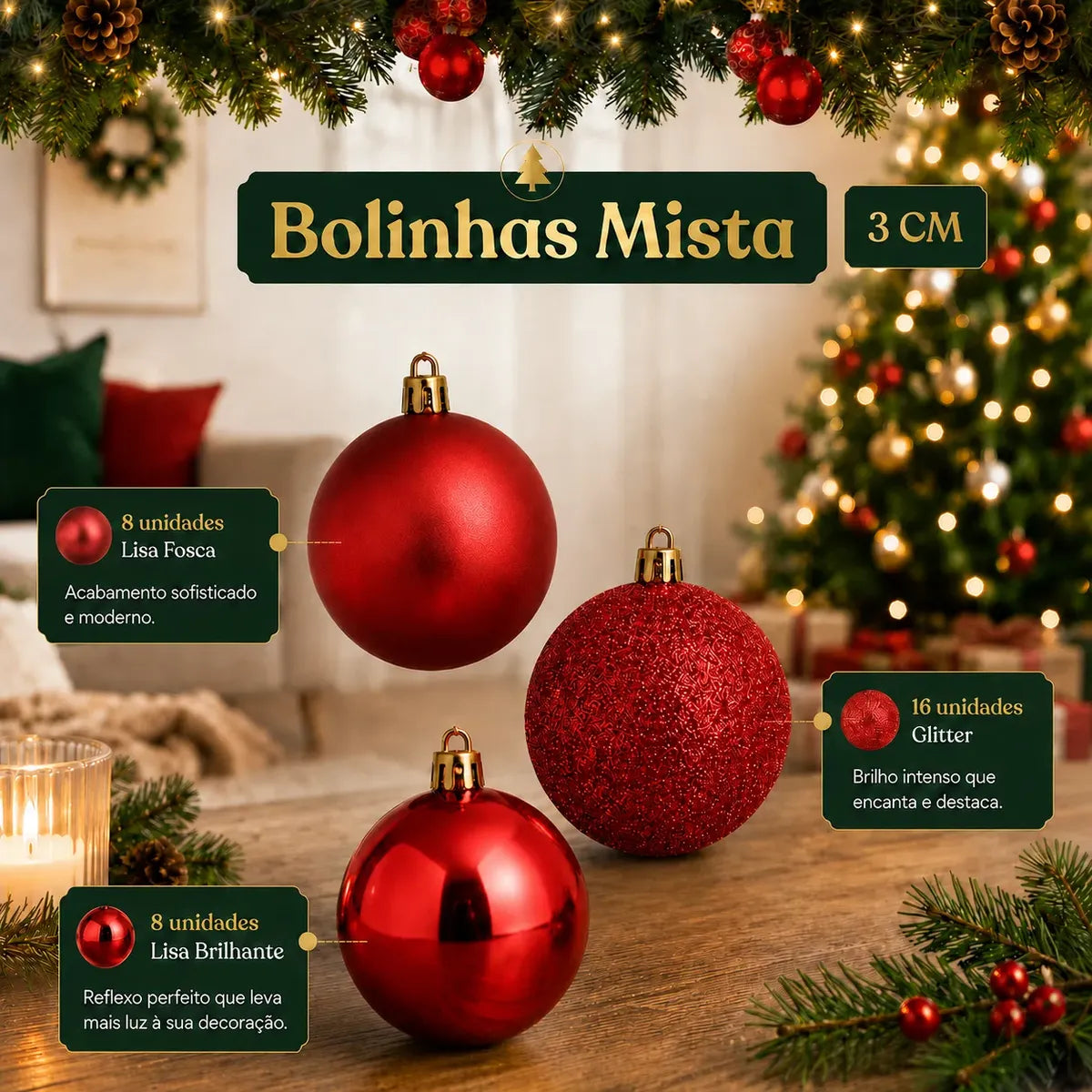 Kit 100 Bolas de Natal Vermelhas 3 cm, 4 cm e 6 cm + Ponteira Estrela + Maleta Organizadora — 5