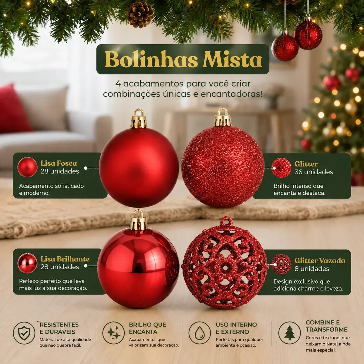 Kit 100 Bolas de Natal Vermelhas 3 cm, 4 cm e 6 cm + Ponteira Estrela + Maleta Organizadora — 6