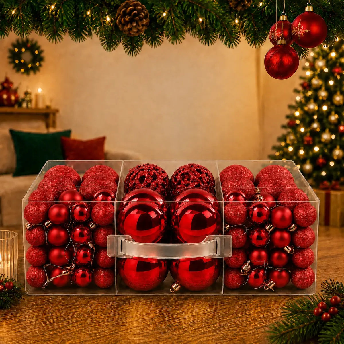 Kit 100 Bolas de Natal Vermelhas 3 cm, 4 cm e 6 cm + Ponteira Estrela + Maleta Organizadora — 7