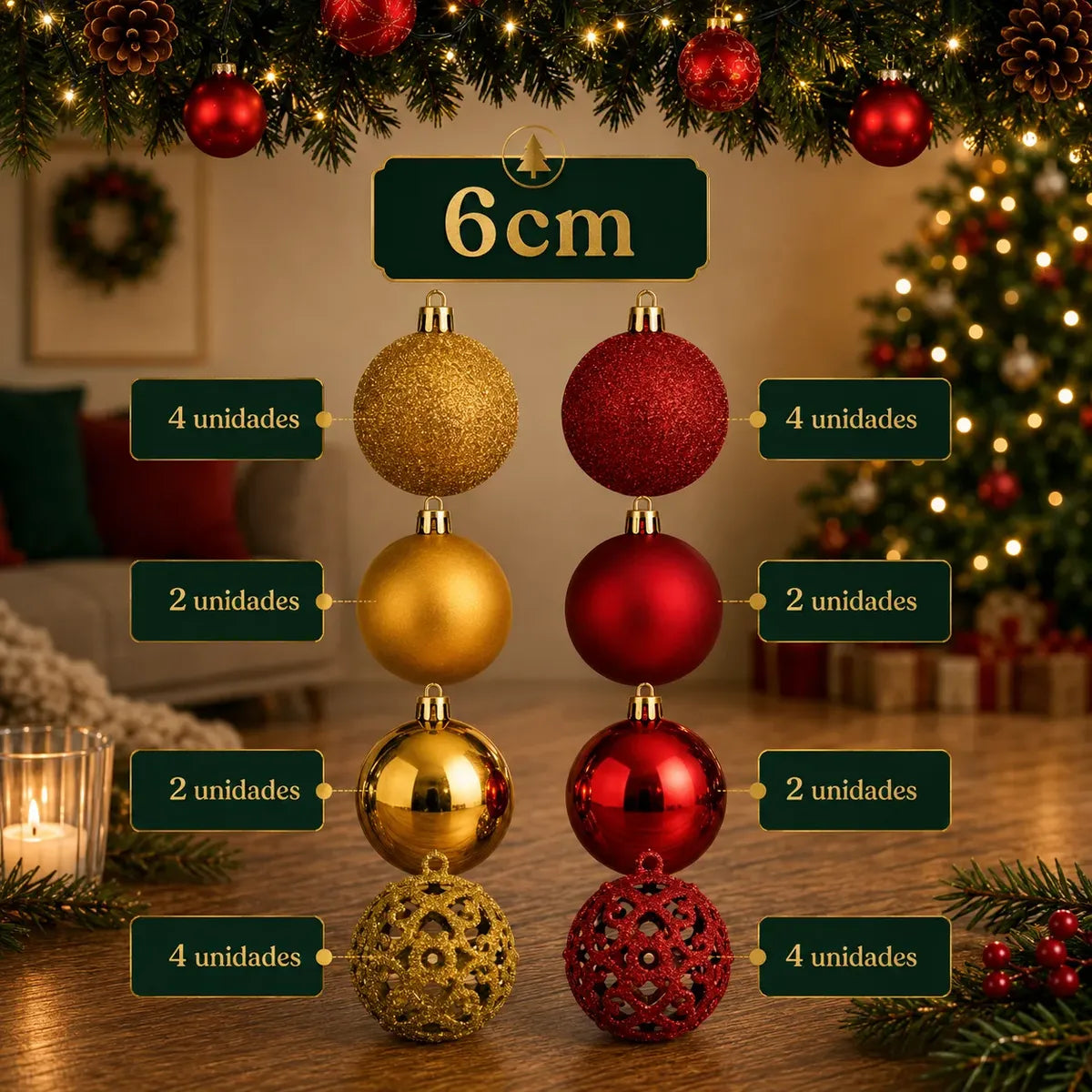 Kit 100 Bolas de Natal Vermelho e Dourado 3 cm, 4 cm e 6 cm + Ponteira Estrela Dourada — 4