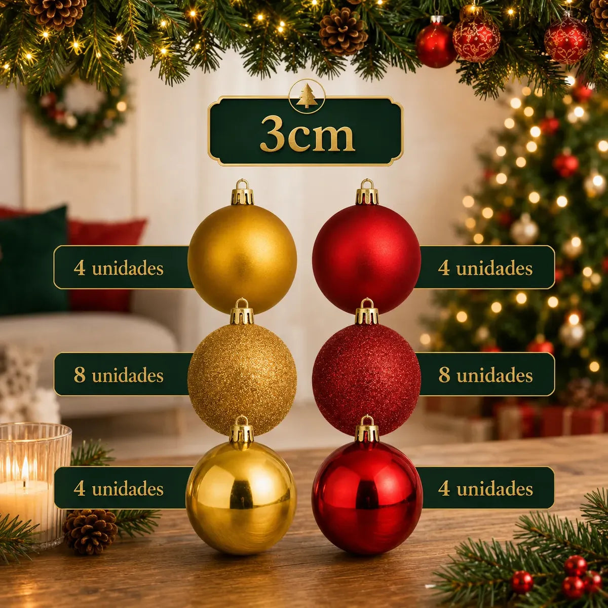 Kit 100 Bolas de Natal Vermelho e Dourado 3 cm, 4 cm e 6 cm + Ponteira Estrela Dourada — 6