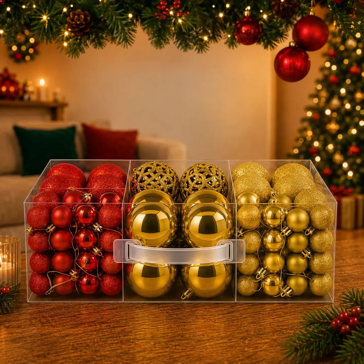 Kit 100 Bolas de Natal Vermelho e Dourado 3 cm, 4 cm e 6 cm + Ponteira Estrela Dourada — 7